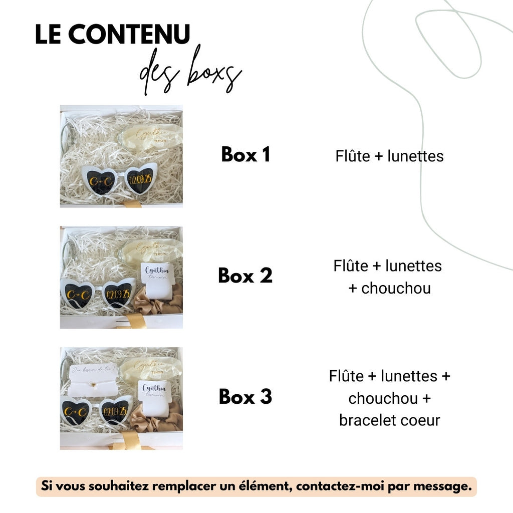 Boîte cadeau flûte personnalisé demande témoin mariage cadeau demoiselle d'honneur veux tu être ma témoin bracelet cadeau box témoin
