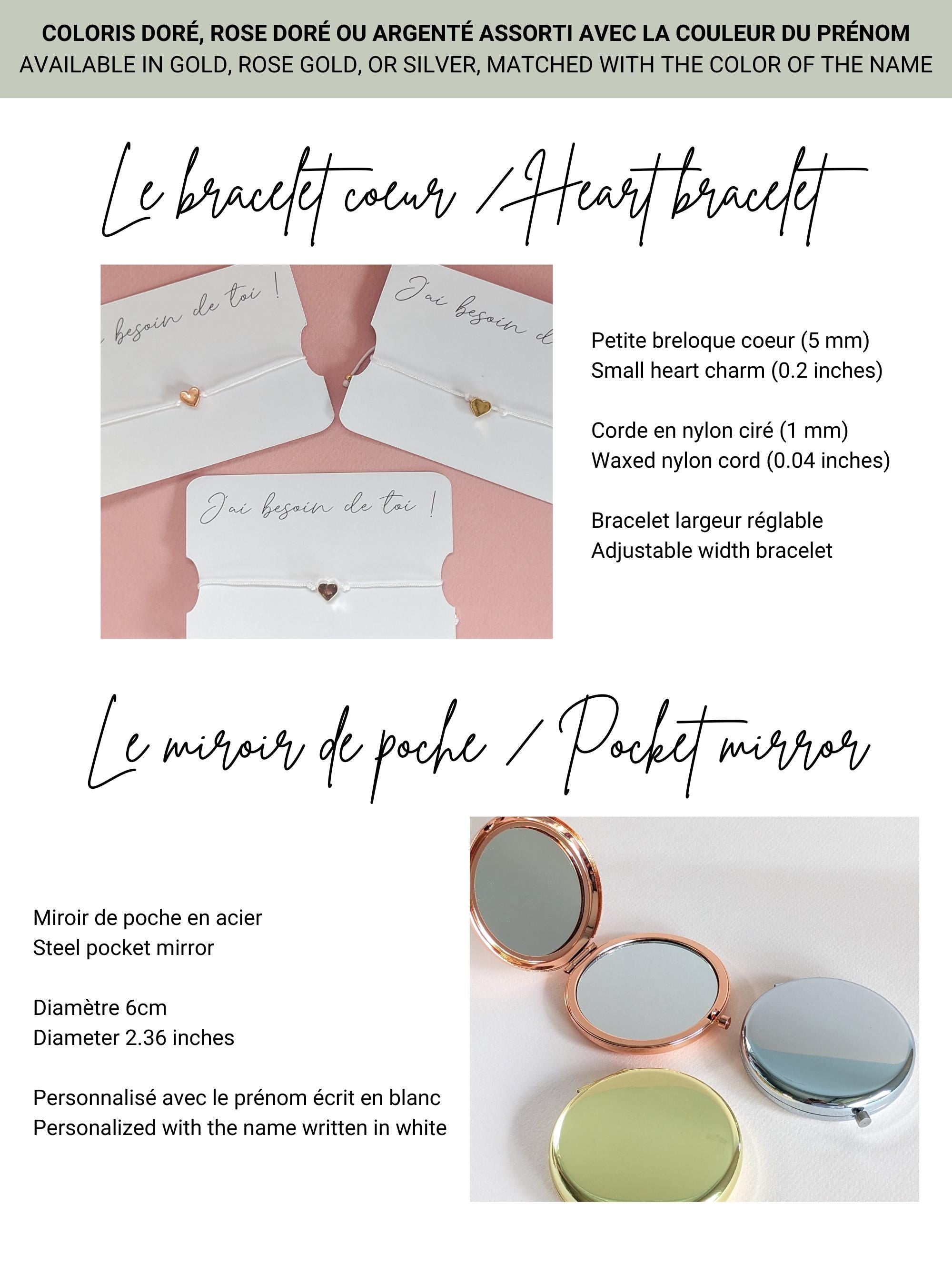 cadeau témoin mariage miroir de poche personnalisé et bracelet coeur