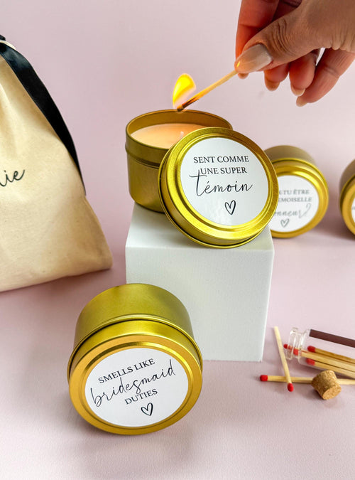 Bridesmaid Thank You Gift Wedding Party Favor Gold Tin Candle Collection Bridal Shower Present Premium Scented Keepsake Set Wedding Party Essential Beautiful Metal Container Design Elegant Wedding Favor Package Maid Of Honor Gift Special