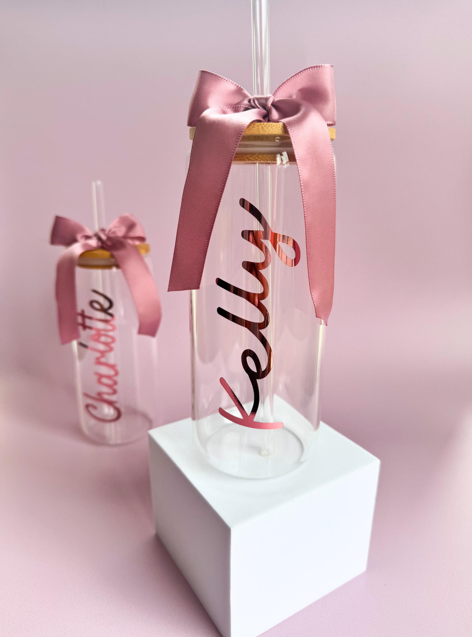 Cadeau demoiselle d’honneur, gobelet en verre avec paille et couvercle en bambou