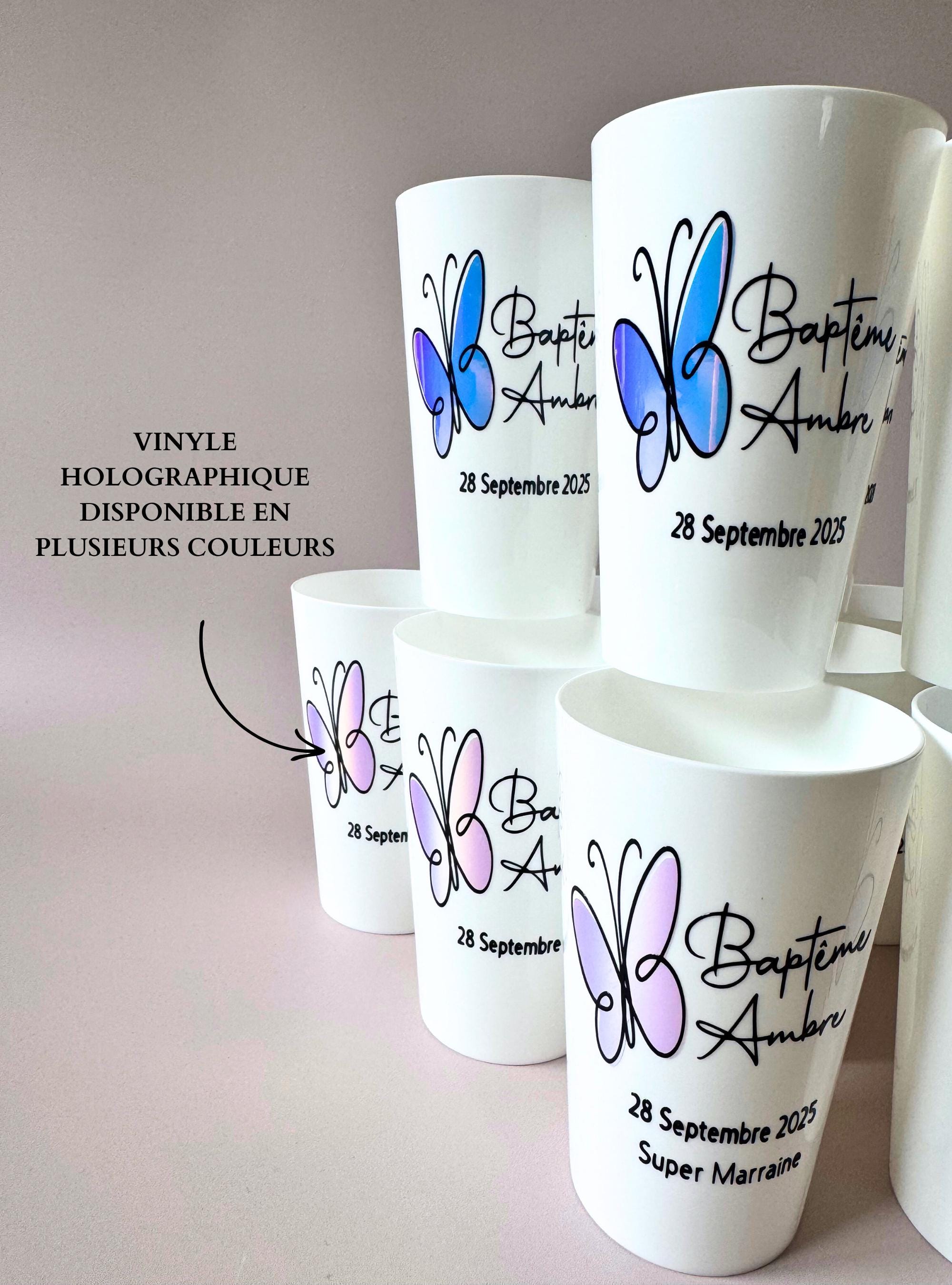 Cadeau invité éco-responsable – gobelet baptême thème papillon avec texte personnalisé