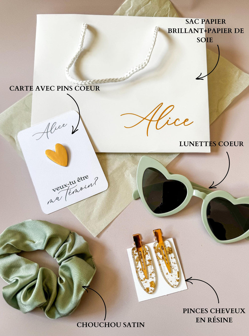 Ensemble accessoires demoiselle d’honneur dans pochette personnalisée