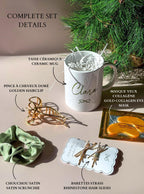 Cadeau de Noël personnalisé pour femme, mug prénom et accessoires beauté. Mug vert sauge personnalisé dans coffret cadeau élégant prêt à offrir. 
Coffret mug prénom femme, idée cadeau cocooning avec accessoires cheveux. Mug en céramique personnalisé et coffret beauté pour femme ou adolescente. Coffret cadeau personnalisé femme Noël avec mug, chouchou et patch pour les yeux.