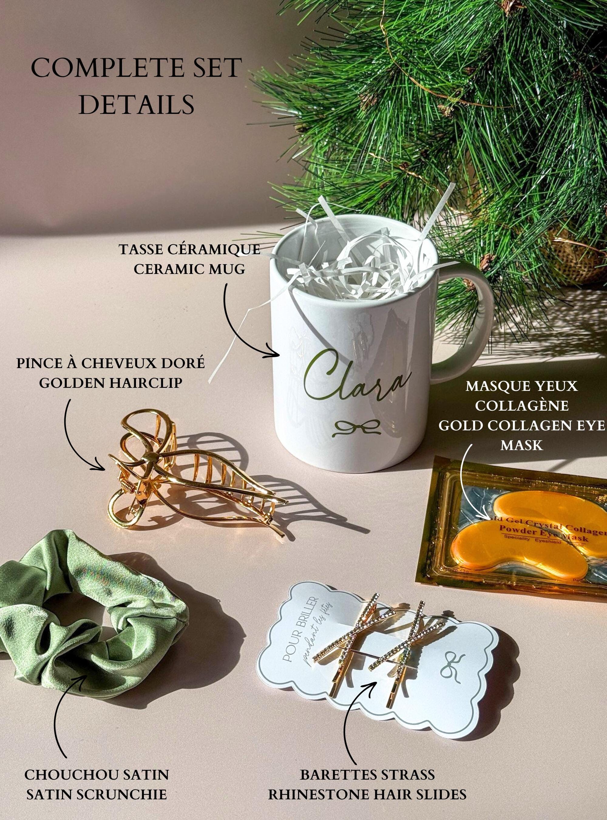 Cadeau de Noël personnalisé pour femme, mug prénom et accessoires beauté. Mug vert sauge personnalisé dans coffret cadeau élégant prêt à offrir. 
Coffret mug prénom femme, idée cadeau cocooning avec accessoires cheveux. Mug en céramique personnalisé et coffret beauté pour femme ou adolescente. Coffret cadeau personnalisé femme Noël avec mug, chouchou et patch pour les yeux.