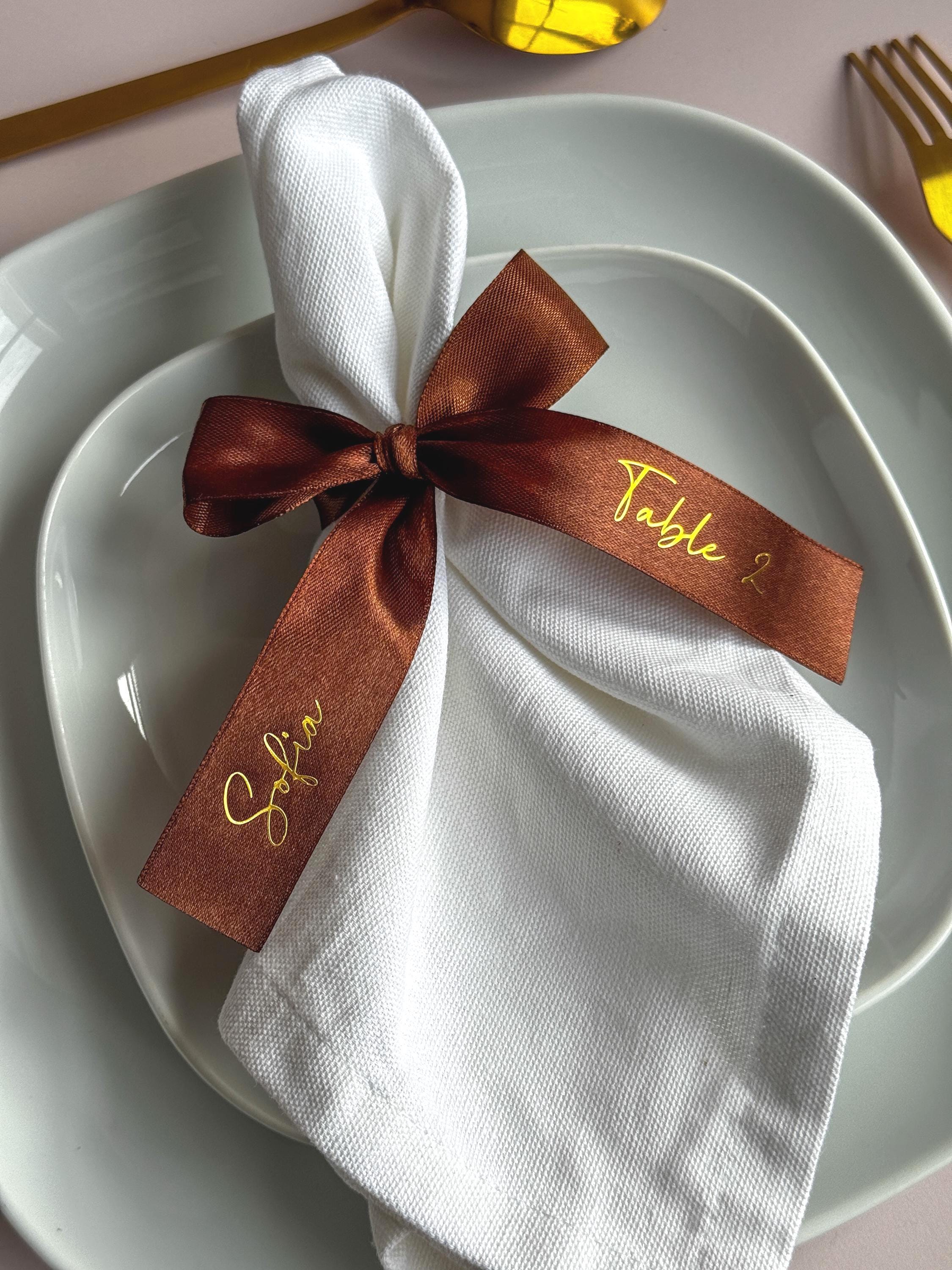 Nœud Satin Personnalisé Mariage Marque Place Ruban Satin Rouille Mariage Automne Marque Place Serviette de Table Mariage Rond de Serviette