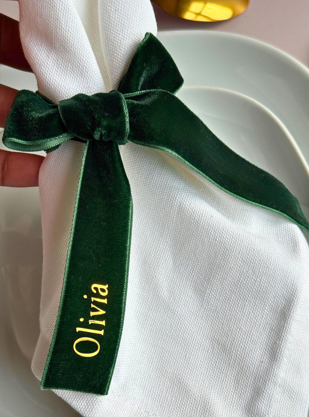 Ruban Velours Vert Marque Place Hiver Mariage Personnalisé Ruban Marque Place Déco Table Mariage Rond de Serviette Noeud Ruban Personnalisé